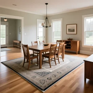 Крупный план обеденной группы на классическом персидском ковре с синими акцентами, демонстрирующий правильное расположение ковра относительно стола и стульев.