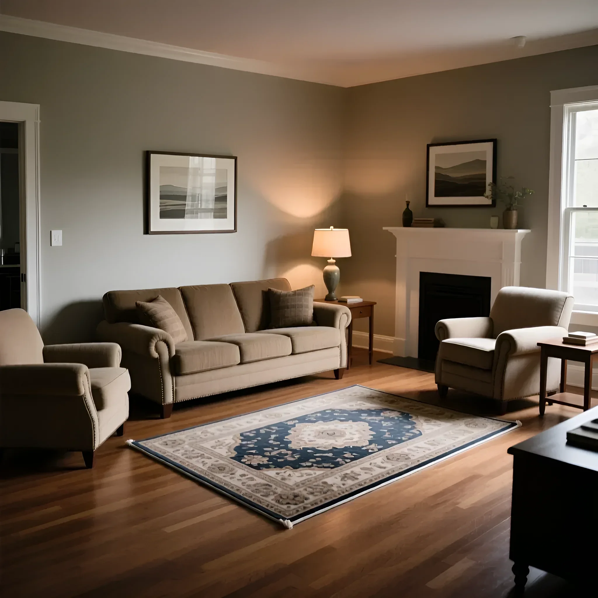 Rechteckiger klassischer Teppich mit blauem Zentrum und beiger Bordüre, platziert auf einem glänzenden Holzboden in einem Sitzbereich mit beigefarbenem Sofa und Sesseln.