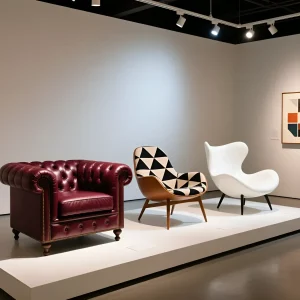 Коллекция акцентных кресел: кожаный Честерфилд, кресло с геометрическим принтом и белое скульптурное кресло на выставке.