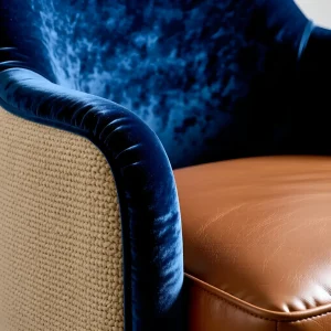 Макро-снимок кресла с комбинированной обивкой: синий бархатный кант, бежевая рогожка на спинке и рыжая экокожа на сиденье.