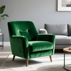 Роскошное изумрудно-зеленое бархатное кресло с каретной стяжкой на ножках из светлого дерева, стоящее в современном интерьере.