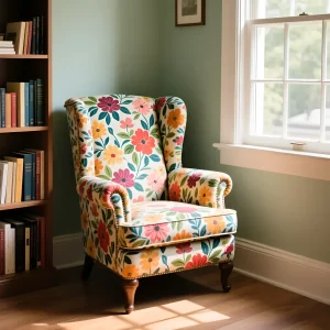 Уютное кресло-ушастик с ярким цветочным принтом, стоящее у окна рядом с книжным шкафом.