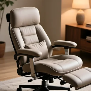 Роскошное бежевое офисное кресло с выдвижной подставкой для ног в современном интерьере