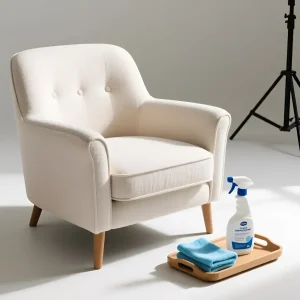 Светлое текстильное кресло с округлыми формами и деревянными ножками, рядом поддон для ухода