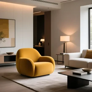 Объемное кресло с округлыми формами в насыщенном горчичном цвете, стоящее в современном минималистичном интерьере.