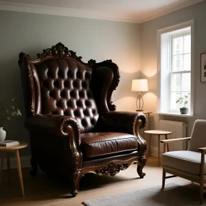 Крупный план роскошного кресла с высокой спинкой, обитого темно-коричневой кожей с глубокой каретной стяжкой и резным деревянным каркасом.