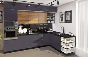 Современная угловая кухня "Альфа ручка" 3.6х1.8м, крашеный МДФ в цветах Белый и Графит, с деревянными элементами и подсветкой.