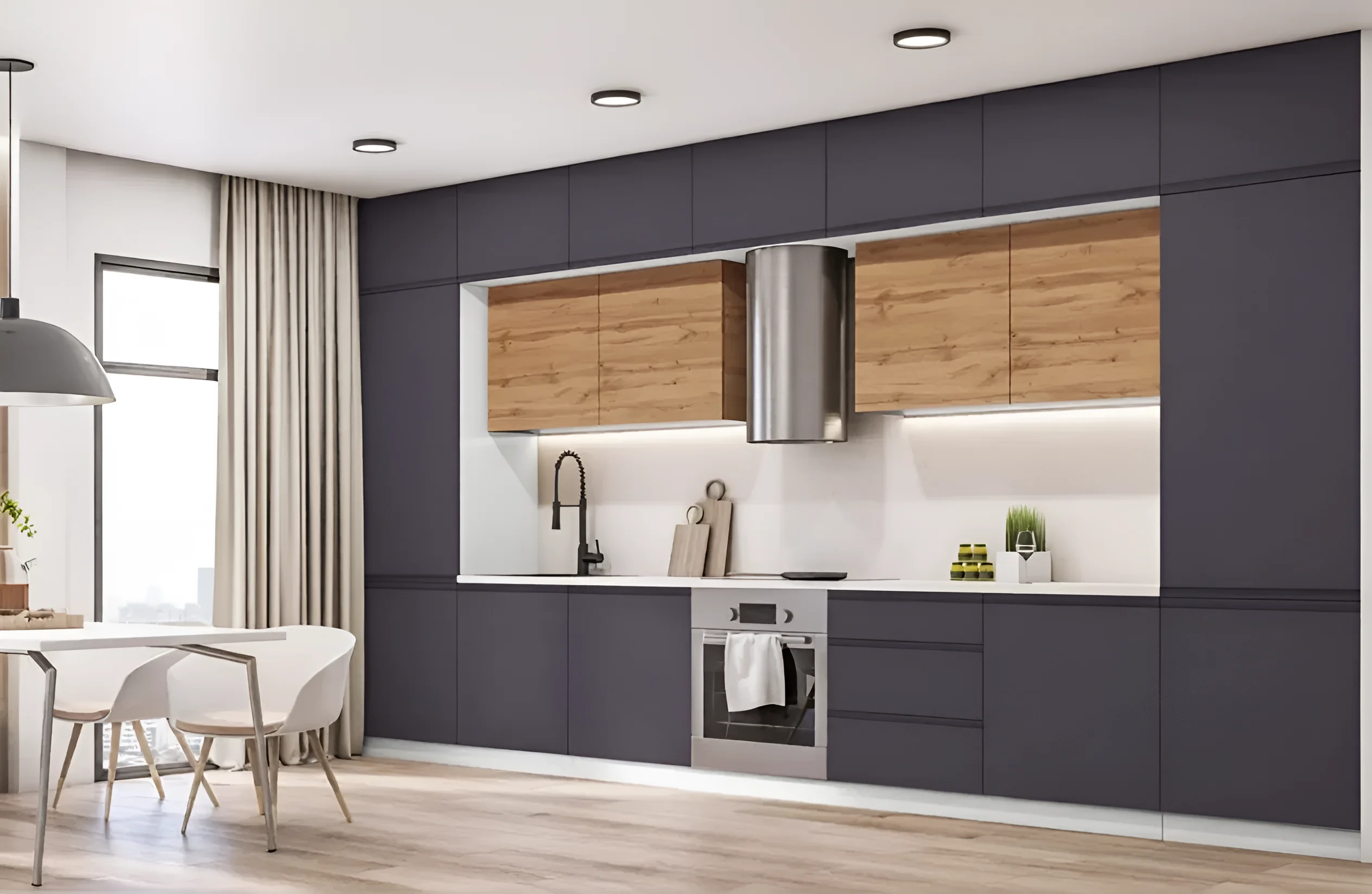 Современная кухня "Альфа ручка" 3.2х1.8м с крашеным МДФ в оттенках Белый и Графит, с деревянными фасадами и встроенной техникой.