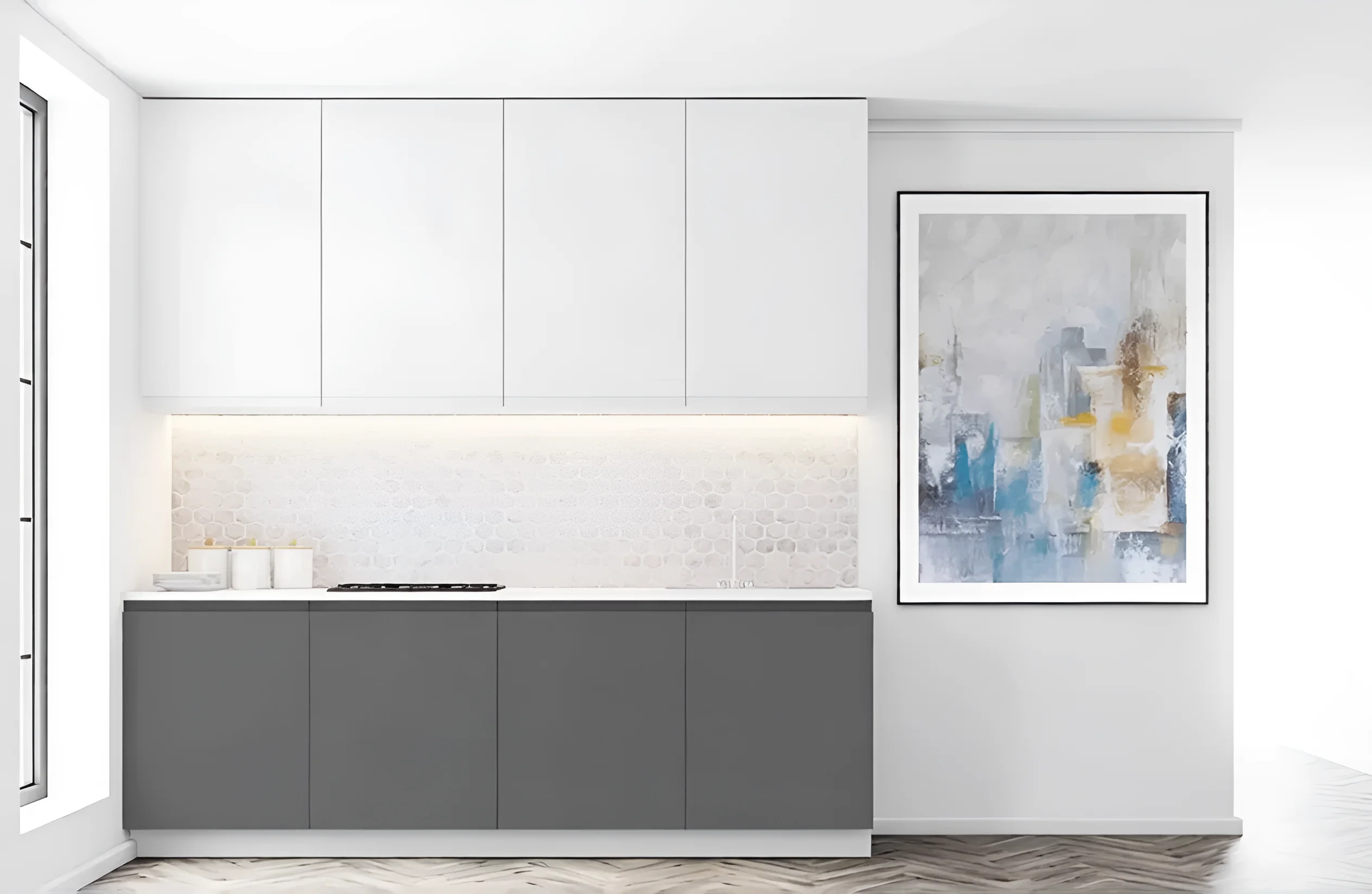 Современная белая кухня Альфа с графитовыми фасадами, крашеный МДФ, размер 3.2х1.8м, фото на MebelTops.com.