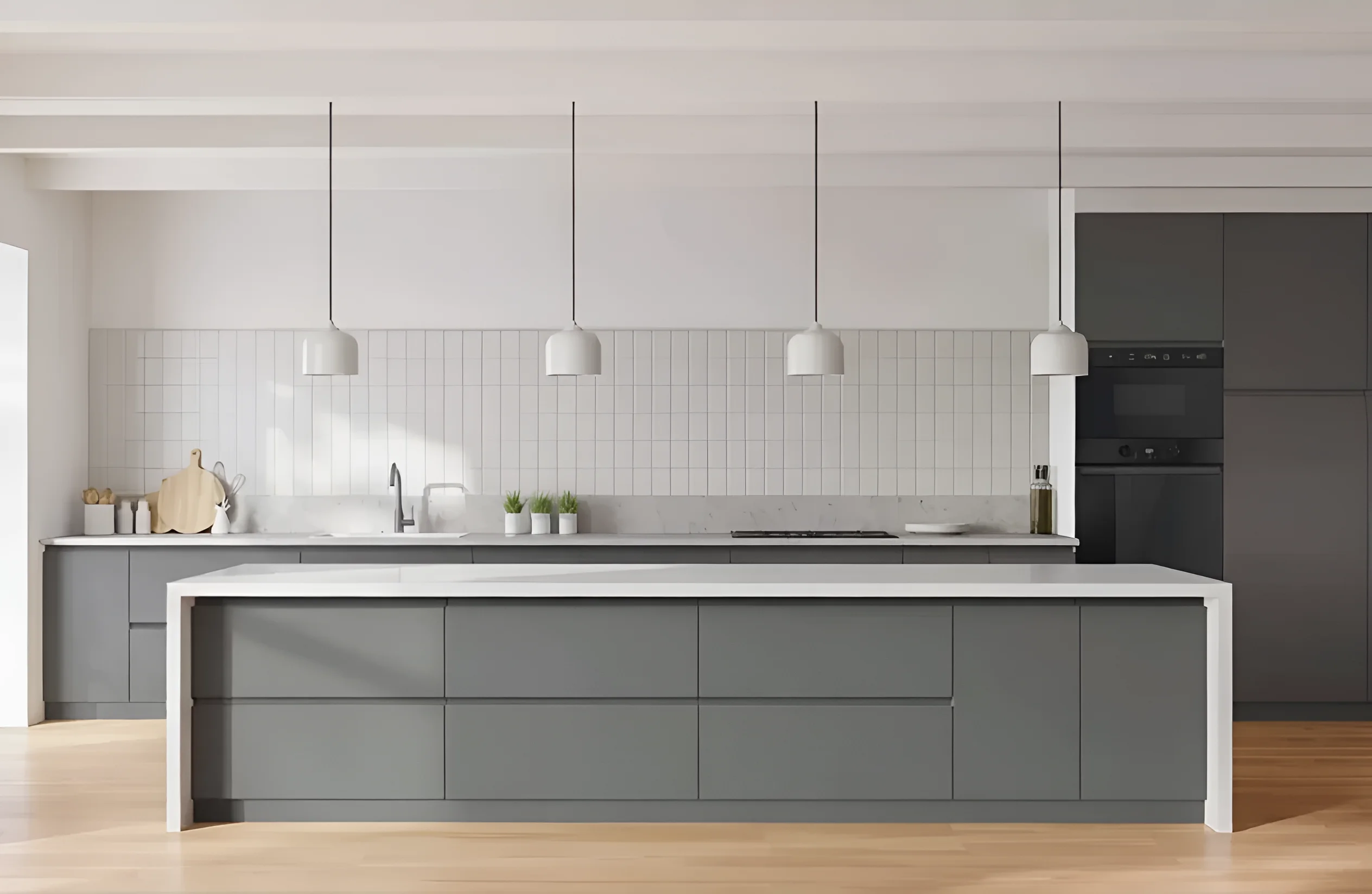 Современная кухня "Альфа ручка" 3.6х1.8м в Белом и Графитовом цвете, крашеный МДФ, остров, встроенная техника.