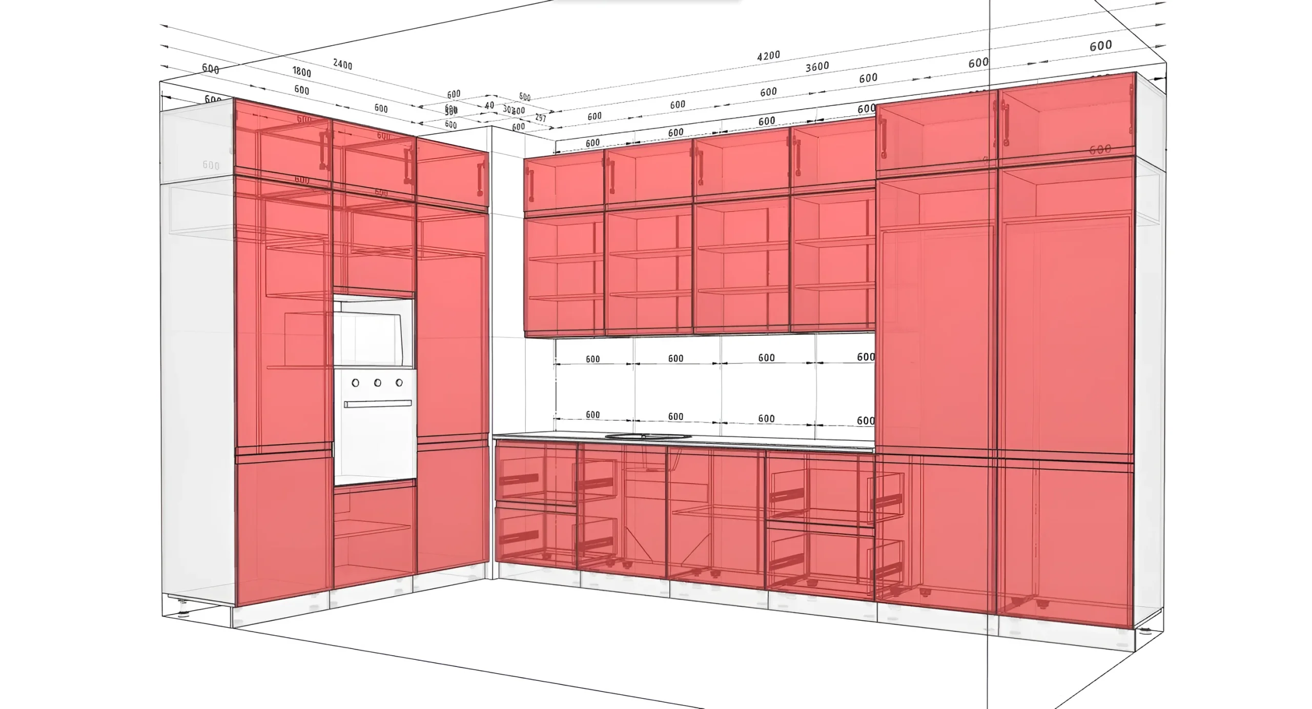Чертеж кухни Альфа ручка 3.6х1.8м, фасады из крашеного МДФ в белом и графитовом цветах, с указанием размеров и встроенной техники.