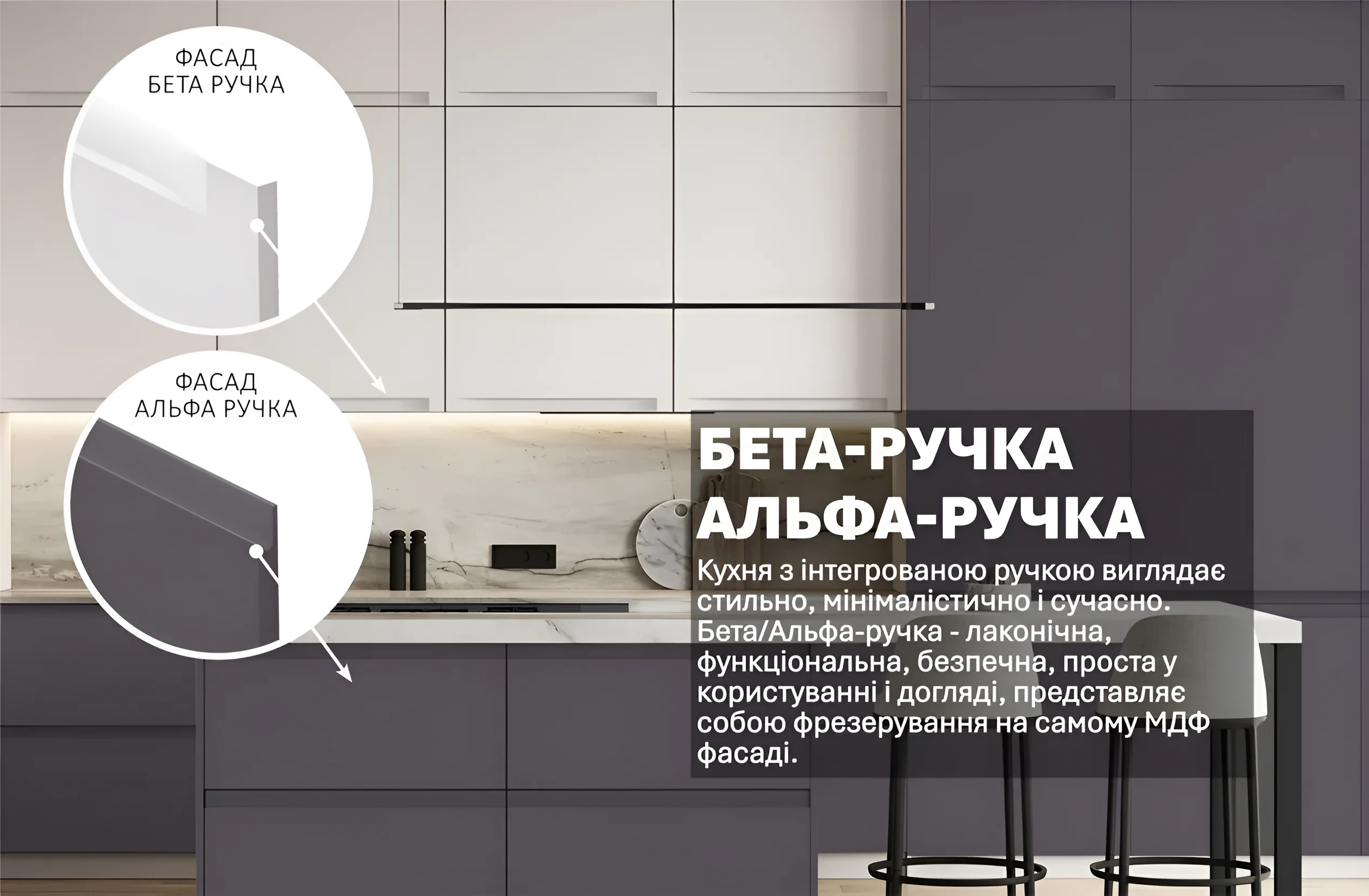 Кухня "Альфа ручка" 3.6х1.8м в белом и графитовом крашеном МДФ, демонстрирующая интегрированные ручки.