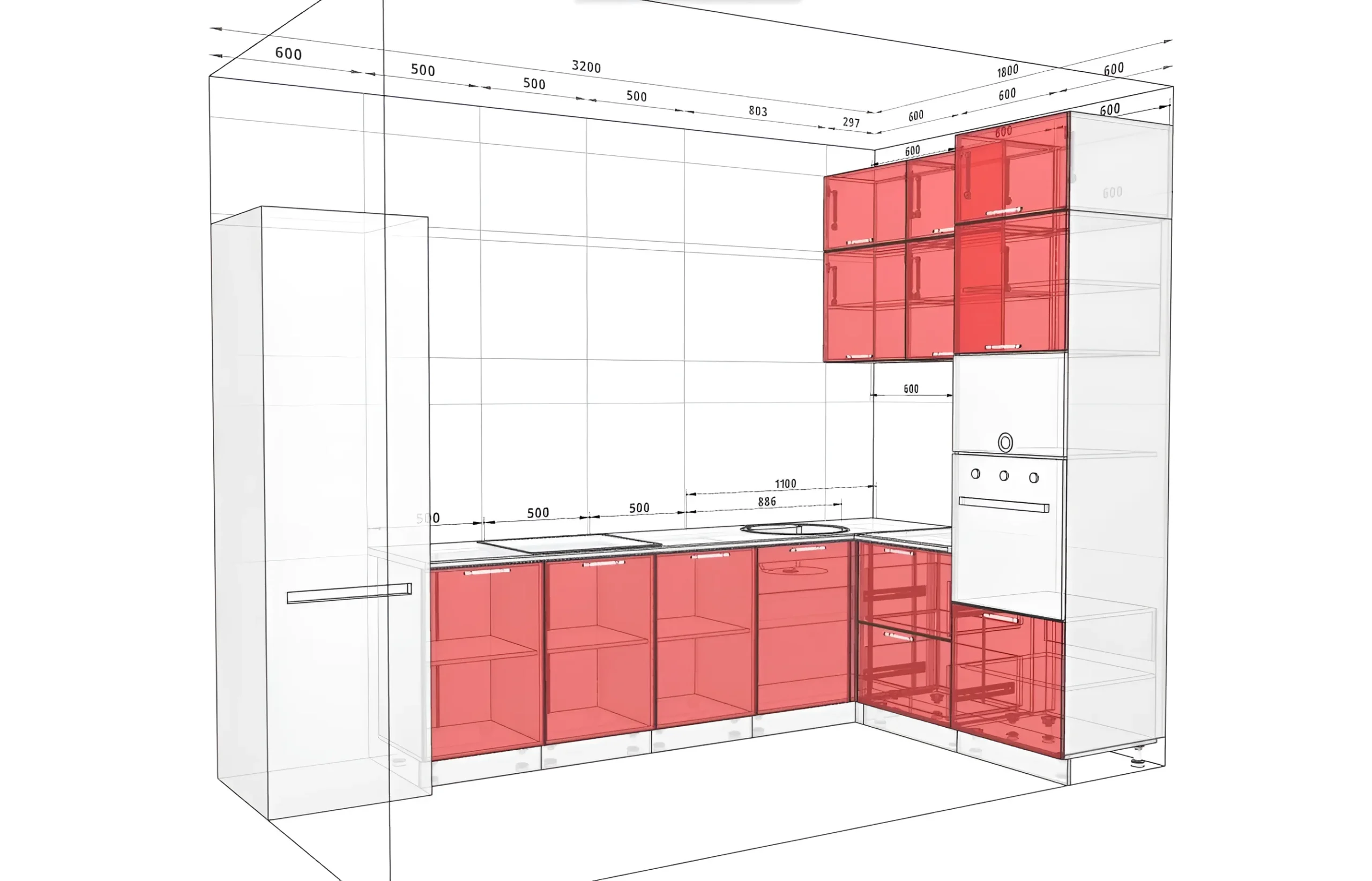 Чертеж кухни "Альфа ручка" 3.2х1.8м: крашеный МДФ фасады в белом и графитовом цвете, современный дизайн.
