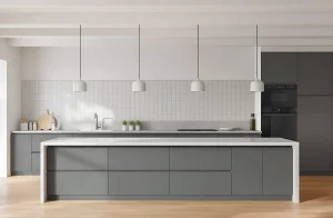 Современная кухня "Альфа ручка" 3.4 метра в белом и графитовом цвете, крашеный МДФ, с островом и встроенной техникой.