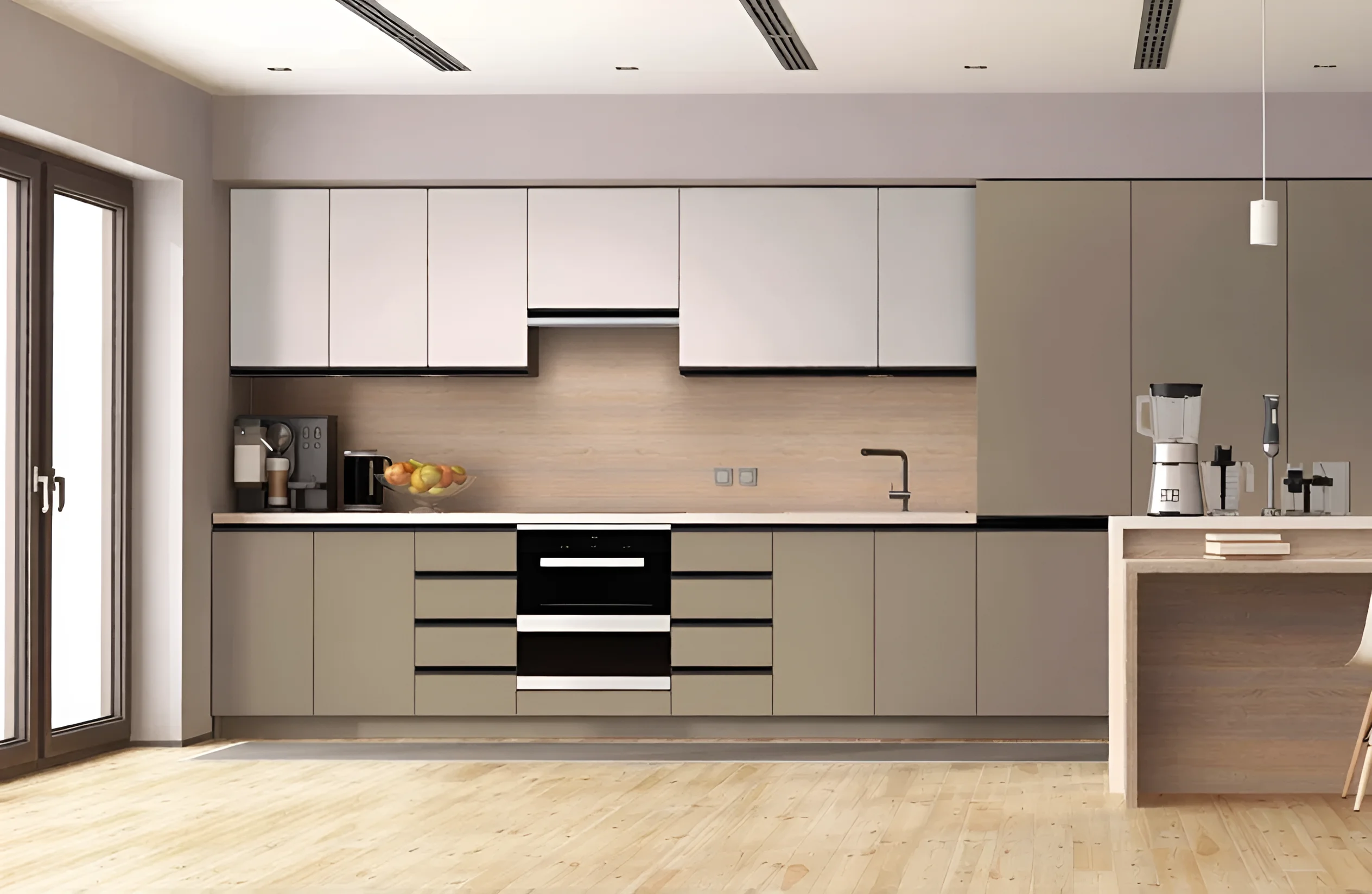 Современная кухня блюм Sigma ручка 4,4м с островом в белых и шоколадных тонах, минималистичный дизайн, встроенная техника.