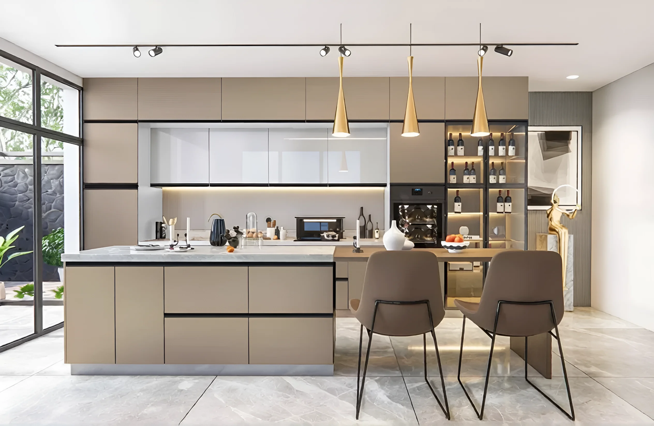 Современная кухня блюм "Sigma ручка" 4,4м с островом в белых и шоколадных тонах, идеальна для стильного интерьера.