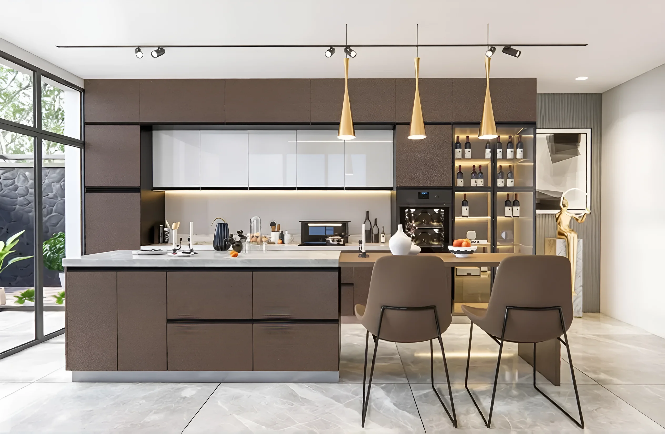 Кухня блюм "Sigma ручка" 4,4м с островом в белых и шоколадных тонах, современный дизайн.