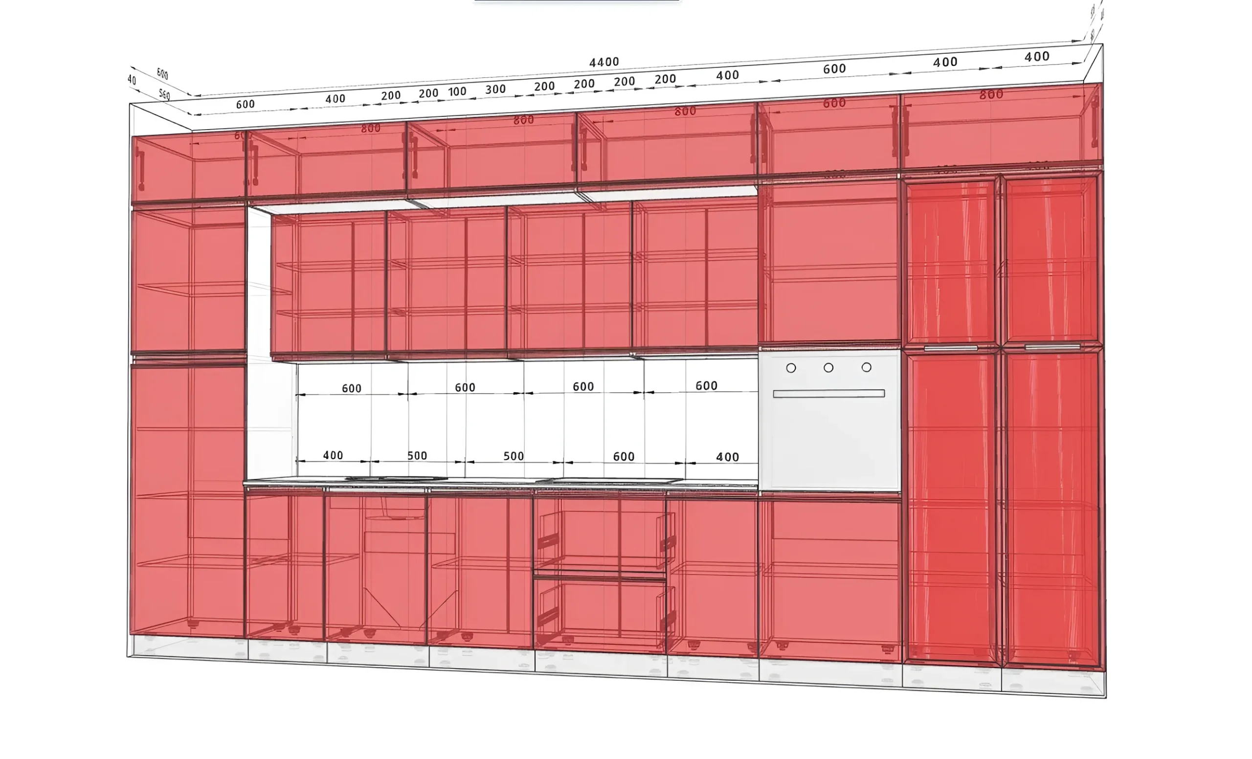 Эскиз кухни блюм "Sigma ручка" 4,4 метра с островом в белом и шоколадном цветах, с детальными размерами модулей и фурнитуры.
