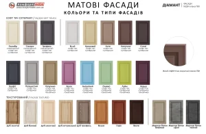 Образцы матовых фасадов кухни «Диамант» в цвете Капучино, включая текстурированные и гладкие варианты.