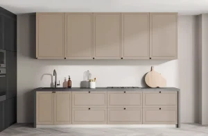 Угловая кухня "Диамант" 3200 х 2850мм в цвете Сахара с верхними и нижними шкафами, встроенной мойкой и плитой.