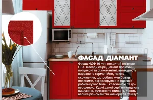 Красная угловая кухня "Диамант" 2,8 х 2м, демонстрирующая глянцевые фасады с элегантным узором и стильный современный дизайн.