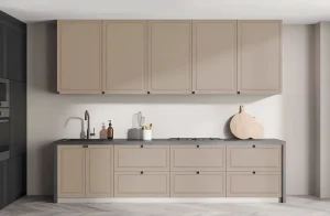 Современная кухня «Диамант» 3,2 метра в цвете лате с верхними и нижними шкафами, столешницей, раковиной и варочной панелью.