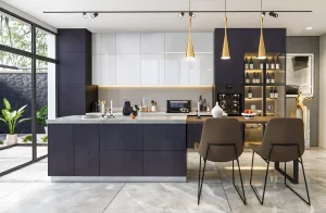 Современная прямая кухня "Эко" 4м в графитовом и дуб сонома цвете с кухонным островом, обеденной зоной и винным шкафом.