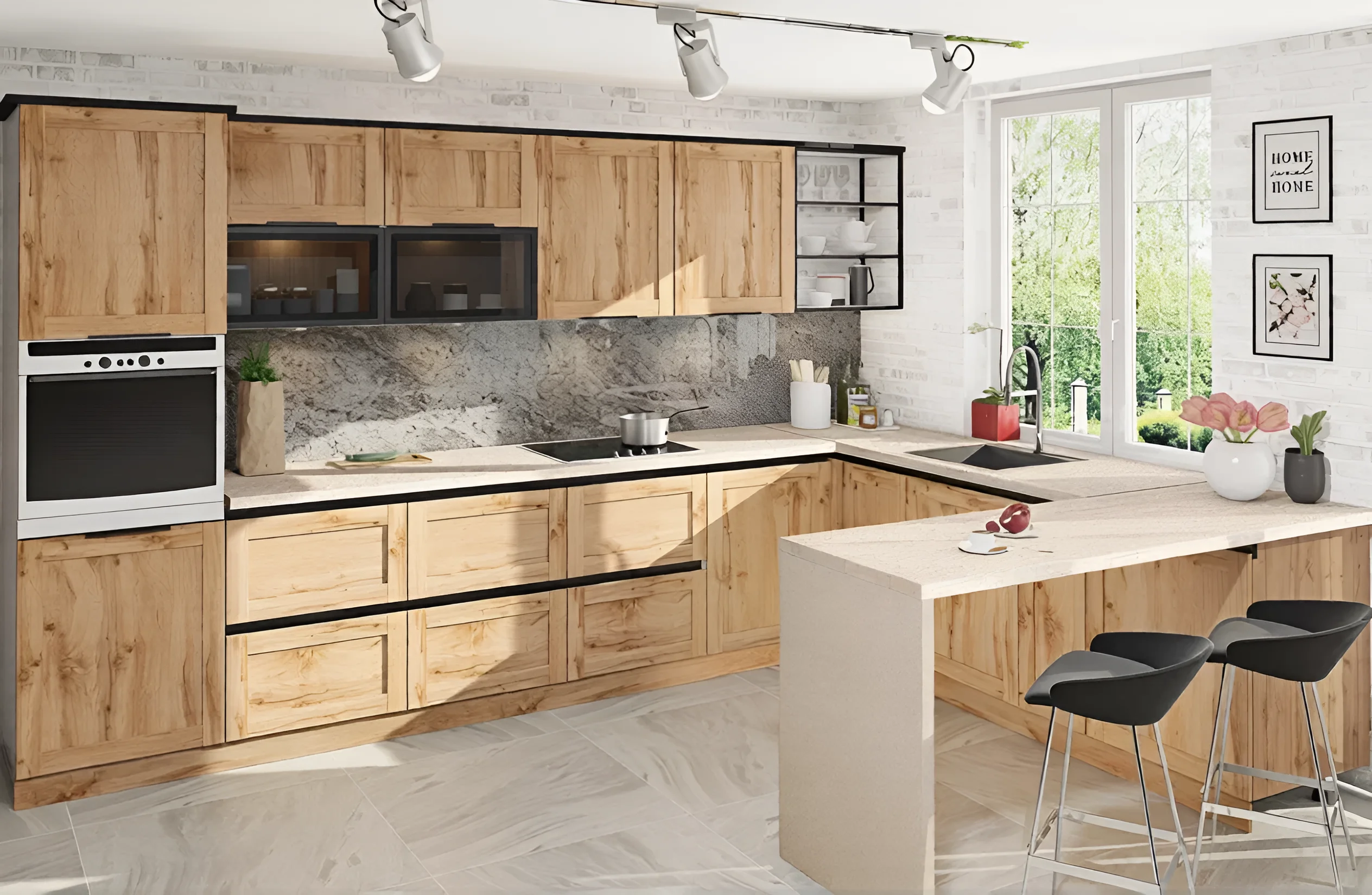 Угловая кухня "Gola ручка" 2.8 х 2.4м в стиле лофт, с фасадами "КВГ" цвета Ваниль и Дуб золотой, и черными интегрированными ручками.