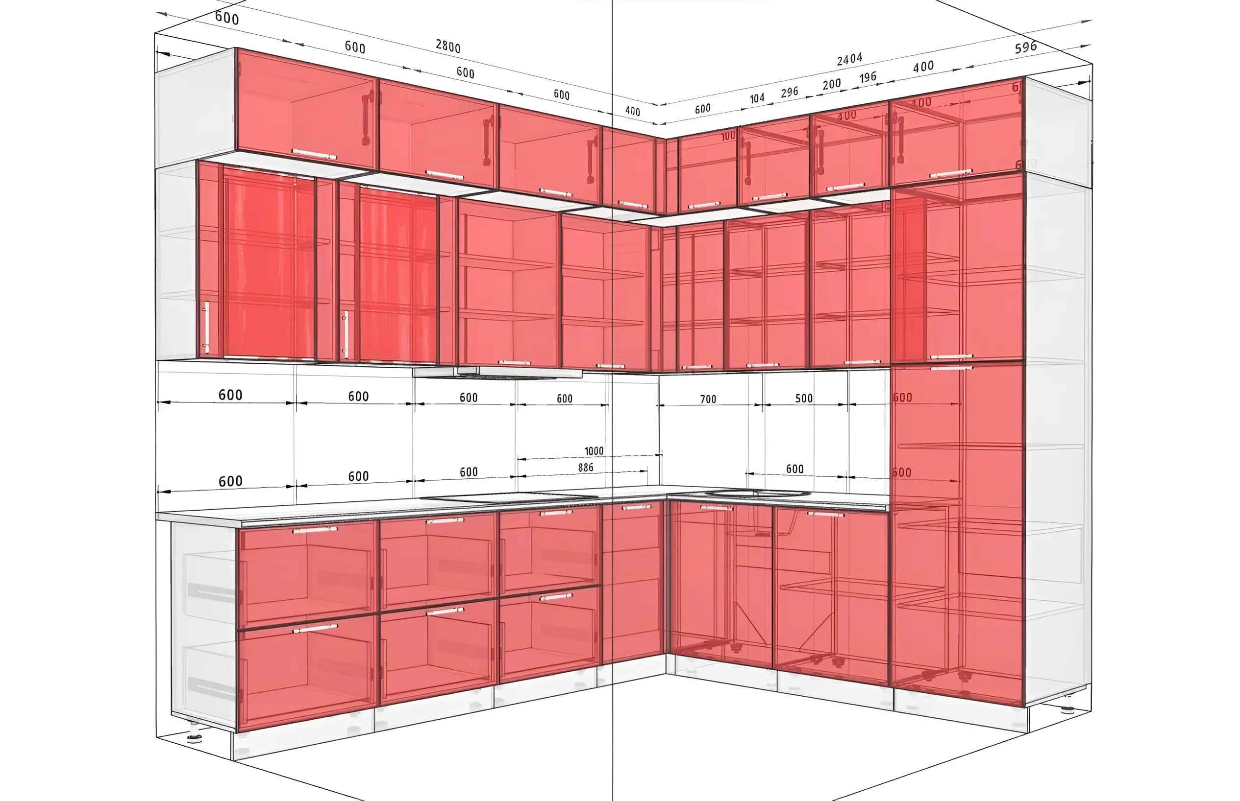 Трехмерный эскиз угловой кухни Gola ручка 2.8х2.4м с фасадами КВГ Ваниль и Дуб золотой.