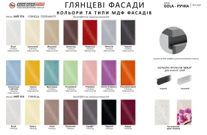 Образец глянцевых фасадов кухонь серии Gola ручка: Белый, Графит темный, Шоколад, Металлик, Крем, Бронзовый, Фиолетовый, Оранжевый, Черный.