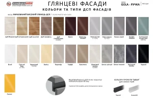 Образцы глянцевых фасадов для кухни серии Gola ручка, включая оттенки белого, графитового, древесные имитации и бетон. Цветовая палитра для профилей Gola.