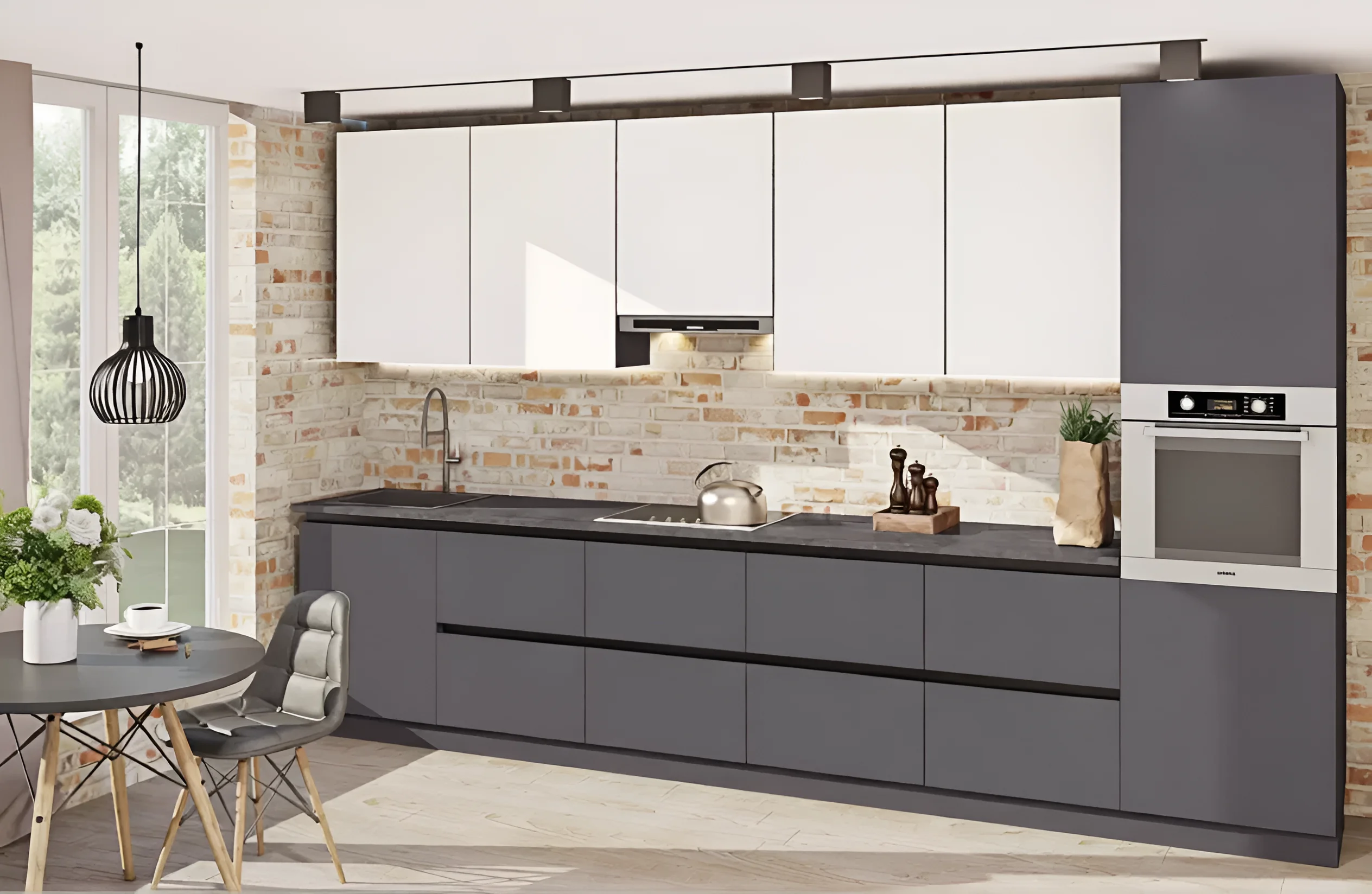 Современная кухня "Gola ручка" 3.8м с фасадами "Рамка" в двух цветах: белый и графит светлый, с кирпичной кладкой и встроенной техникой.