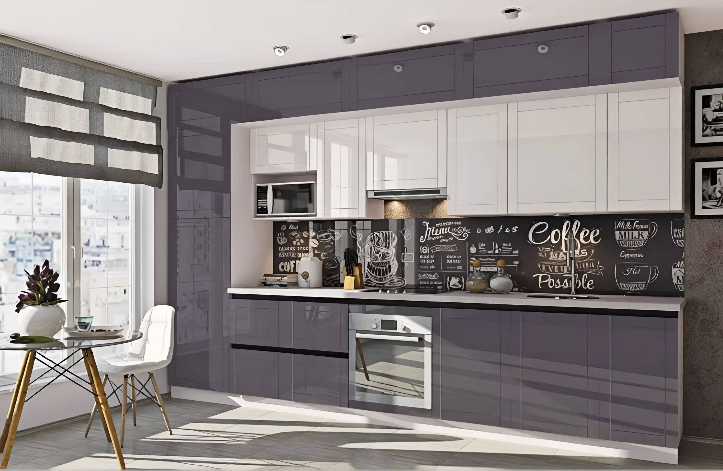 Кухня "Gola ручка" 3.8м с фасадами "Рамка" в Белом и Светло-Графитовом цвете, современный дизайн с интегрированными ручками.