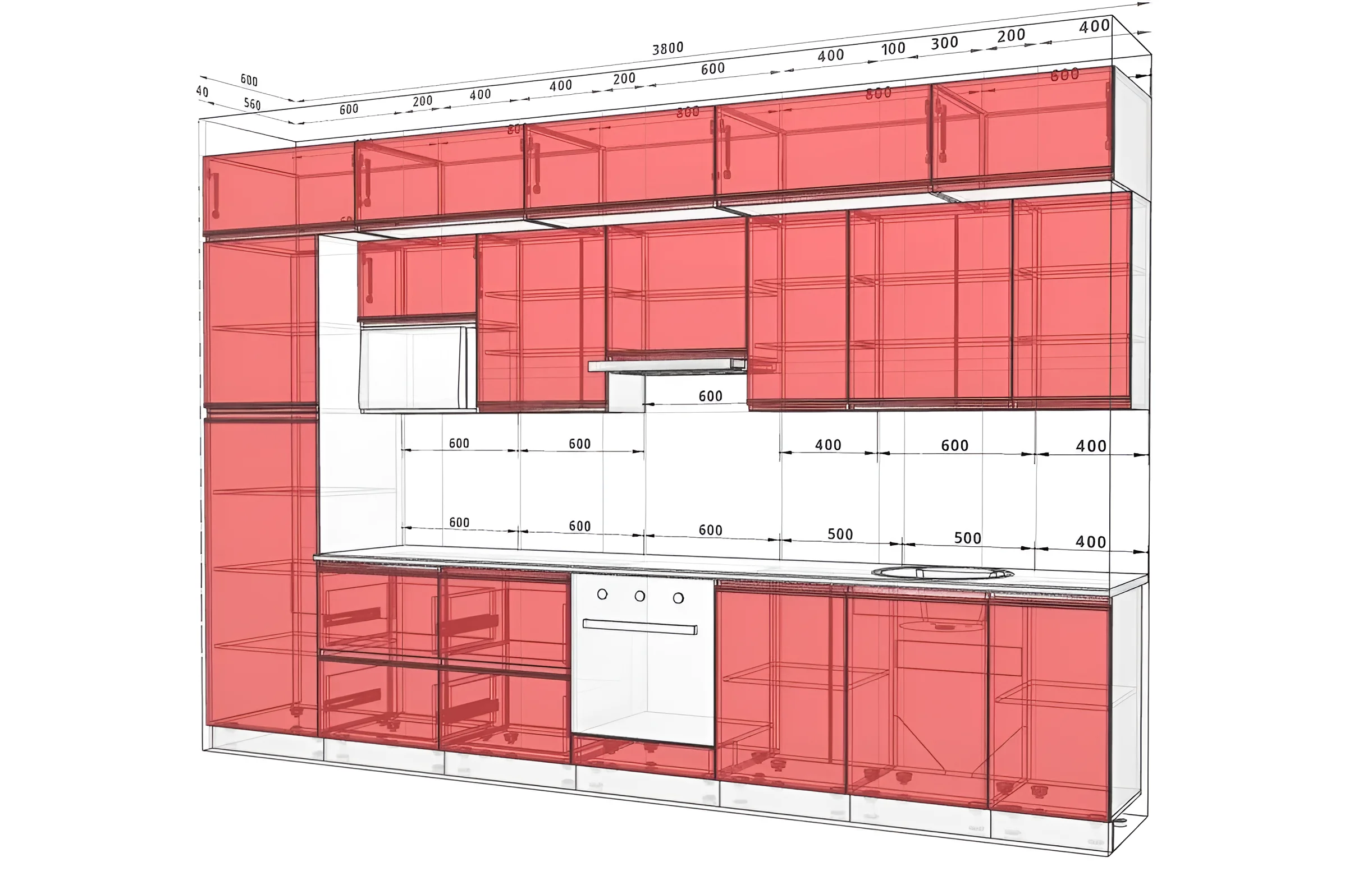 Чертеж кухни "Gola ручка" 3.8 метра с фасадами "Рамка" в белом и светло-графитовом цветах, с размерами.