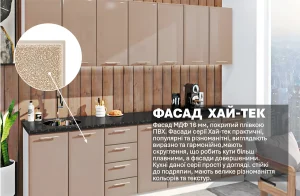 Кухня "Хай-тек" 2800 мм в медовом цвете с глянцевыми фасадами и текстурой дерева на стене.