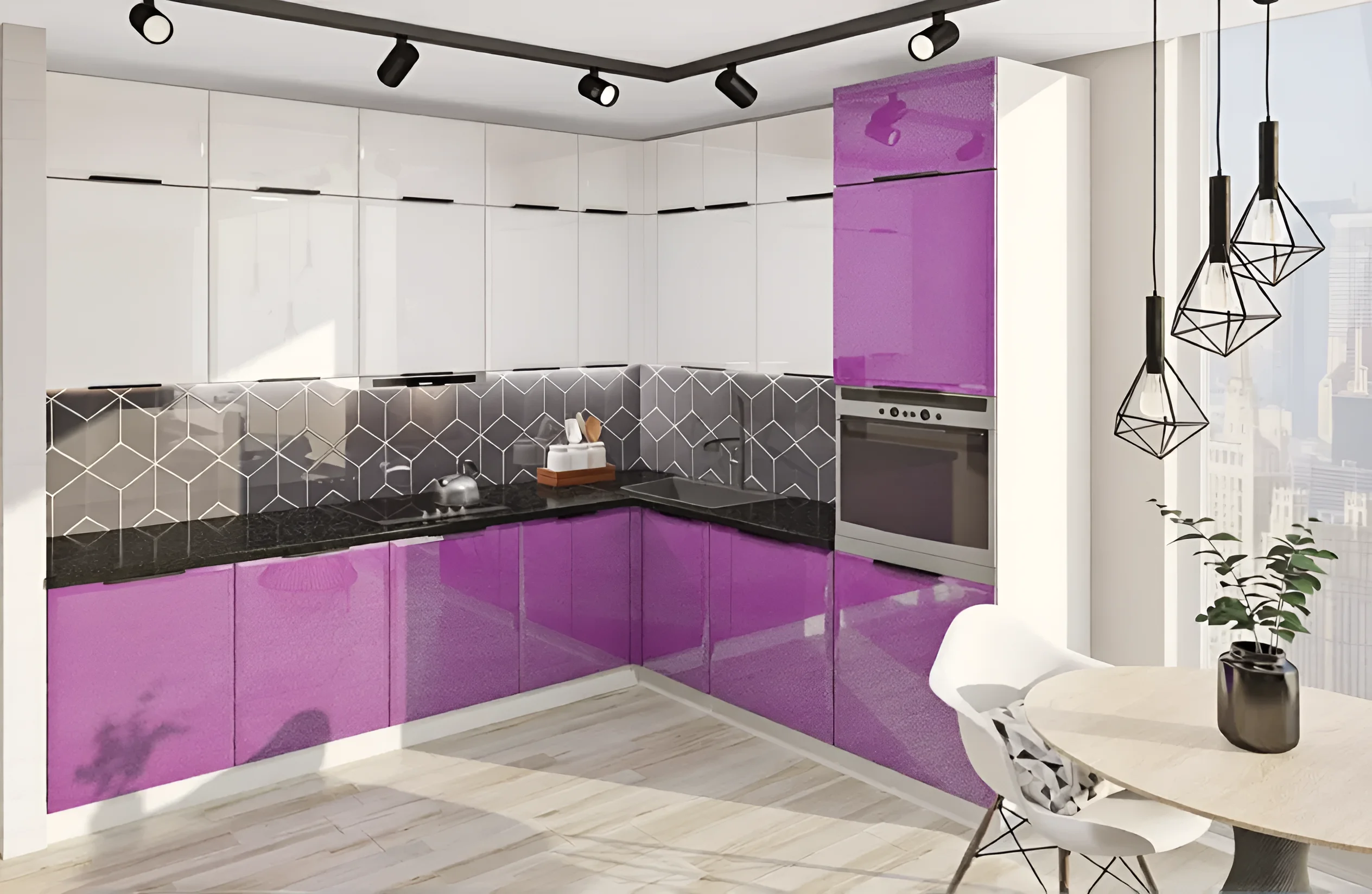 Угловая кухня в стиле хай-тек 300х220 см, с глянцевыми фасадами белого и сиреневого цвета, черной столешницей и стильным фартуком.