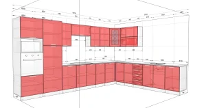 3D-чертеж кухни "Хай-тек" 4,05х3,05м с островом в белом и медовом цветах, демонстрирующий ее современный дизайн и планировку.