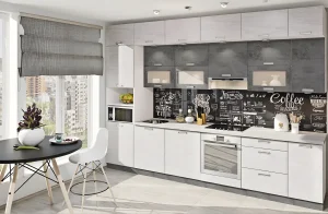 Современная кухня в стиле Хай-тек с фасадами под беленый дуб, серыми акцентами и фартуком с надписями "Coffee".