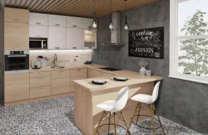 П-образная кухня Хай-тек 3х2,6м в оттенках Дуб беленый и Дуб Сонома с барной стойкой и современными стульями.