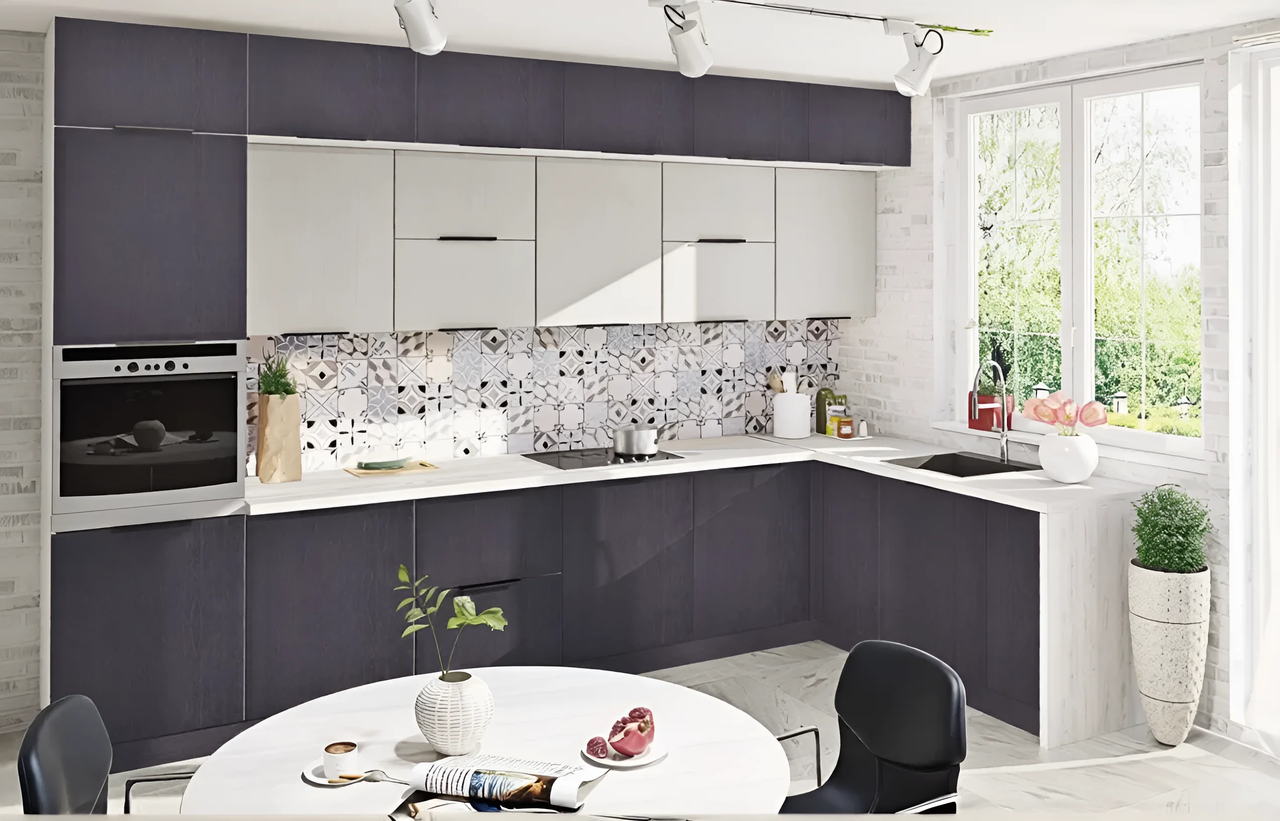 Современная кухня «Хай-тек» 2.4 метра в белых и графитовых тонах с глянцевыми фасадами, встроенной техникой и стильным фартуком.