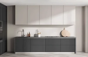 Современная белая и грифельная кухня в стиле хай-тек, 2.4 метра, с гладкими фасадами и минималистичным дизайном.