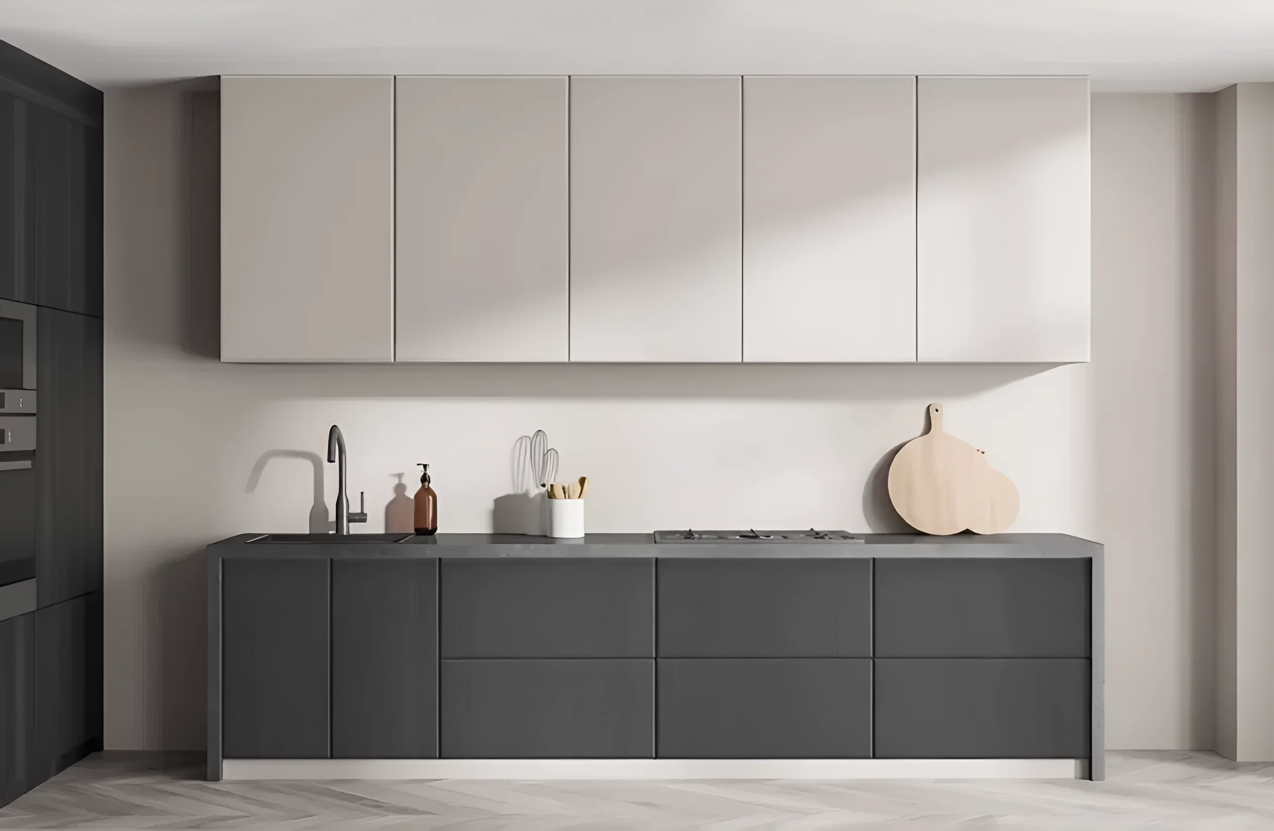 Современная белая и грифельная кухня в стиле хай-тек, 2.4 метра, с гладкими фасадами и минималистичным дизайном.