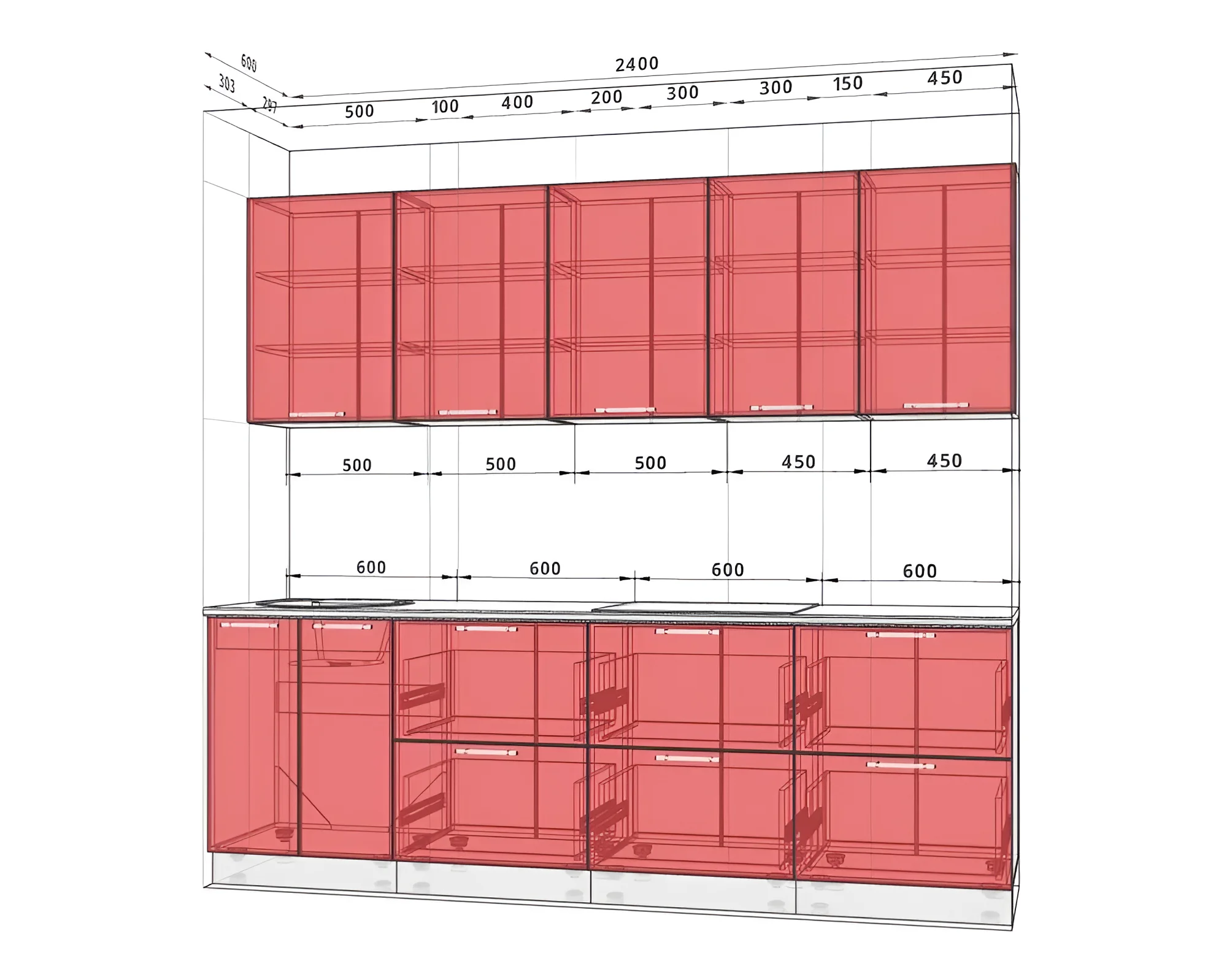 Схема кухни "Хай-тек" 2.4 м в белом и грифельном цветах, показывающая размеры верхних и нижних шкафов, ящиков и столешницы.