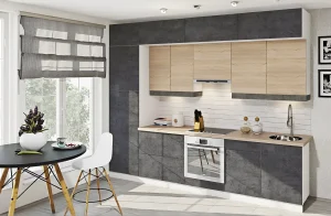 Современная кухня в стиле хай-тек с фасадами под дуб сонома и мрамор бетон темный, встроенной техникой и обеденной зоной.