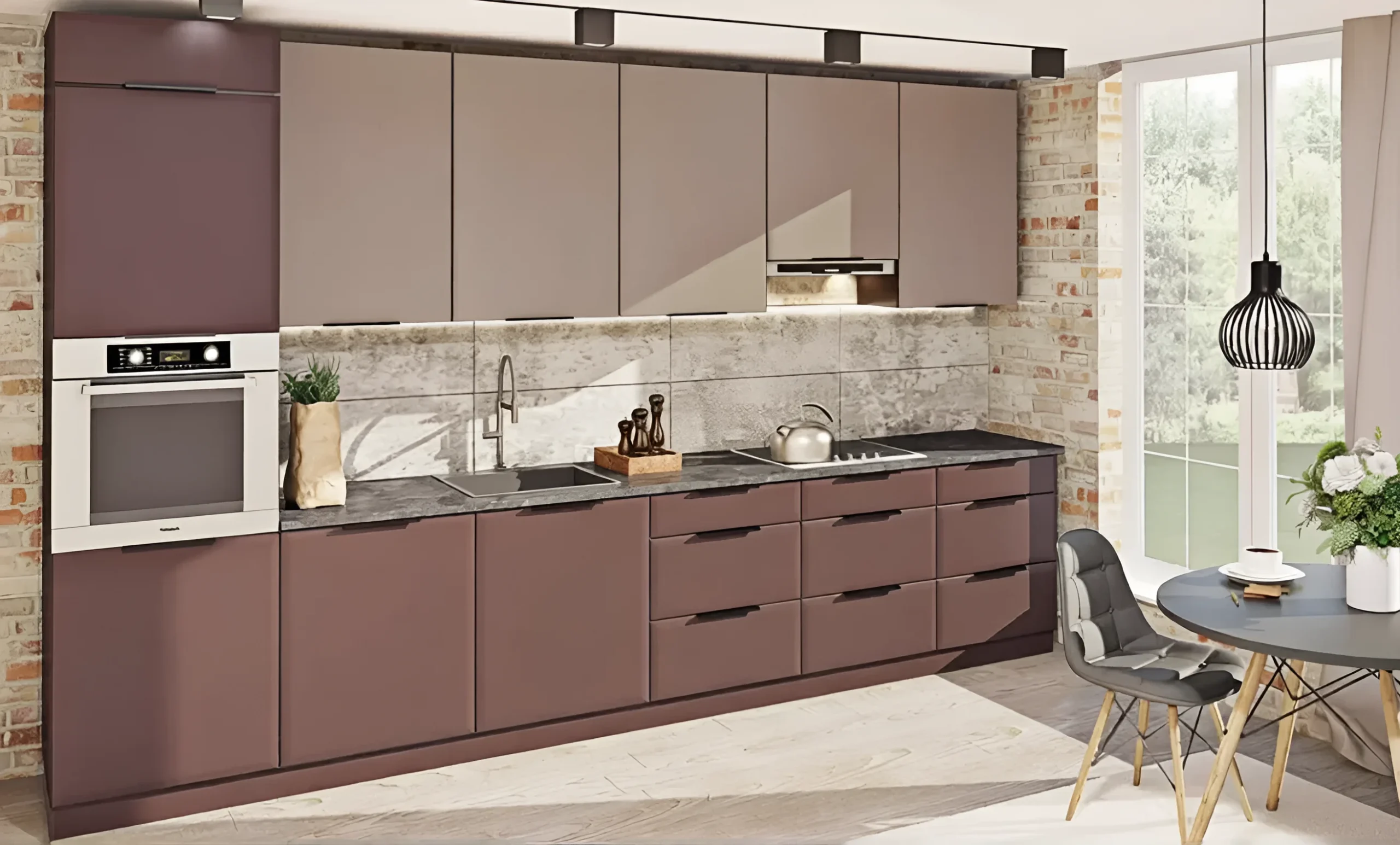 Современная кухня "Хай-тек" 3,6м в коричневых и серых тонах с встроенной техникой, имитацией кирпичной кладки и стильным освещением.