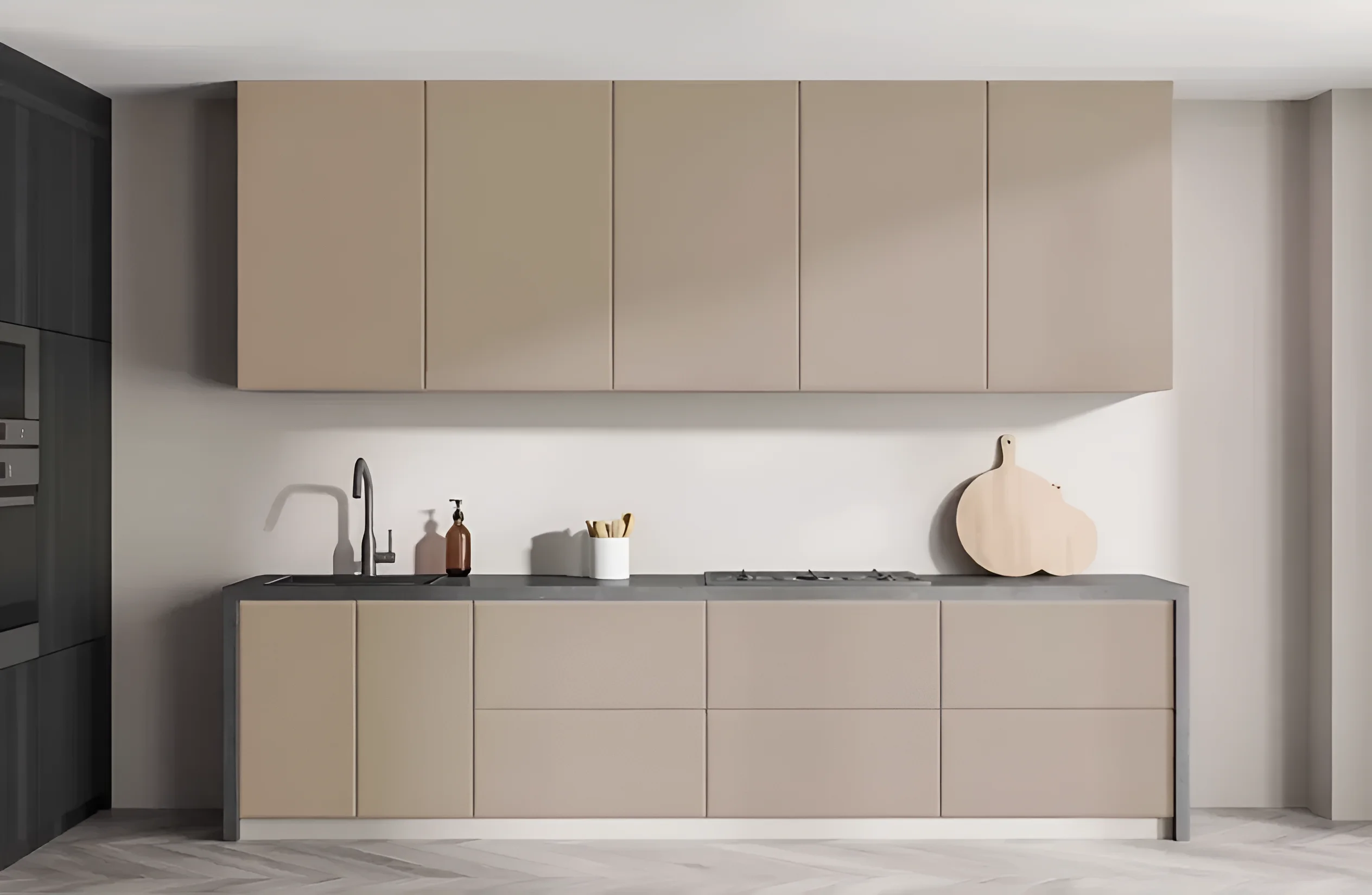 Современная бежевая кухня в стиле хай-тек с гладкими фасадами, встроенной техникой и минималистичным дизайном.