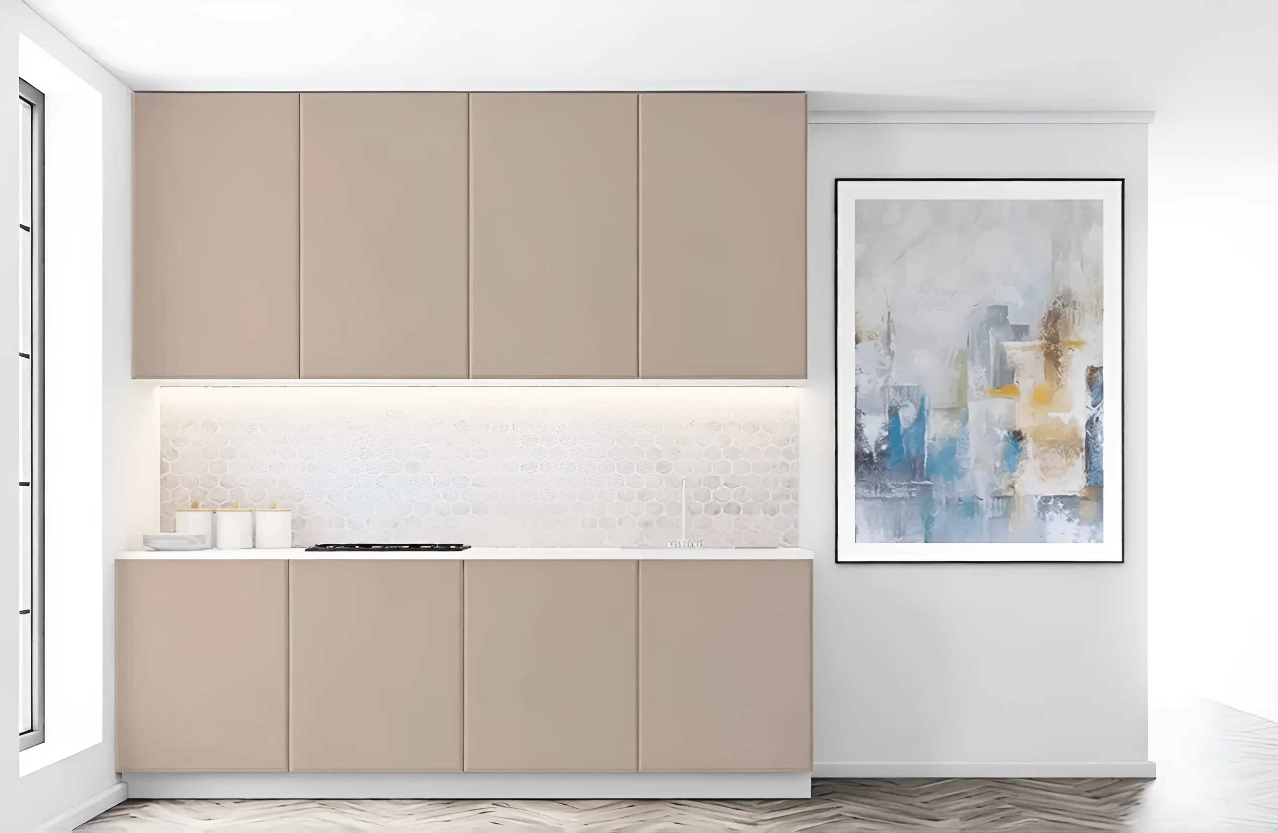 Современная кухня "Хай-тек" 3,6м в бежевых тонах с минималистичным дизайном, встроенной техникой и абстрактной картиной на стене.
