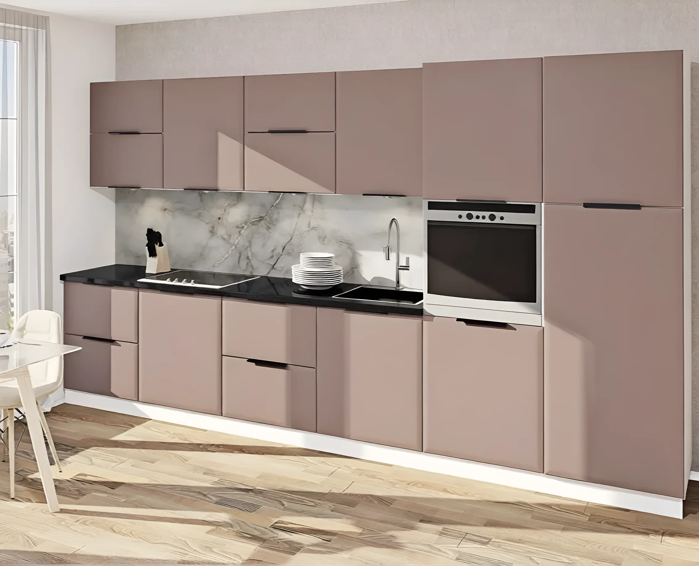 Стильная кухня "Хай-тек" 3,6м в нюдовом оттенке с мраморной столешницей и встроенной техникой, современный дизайн.