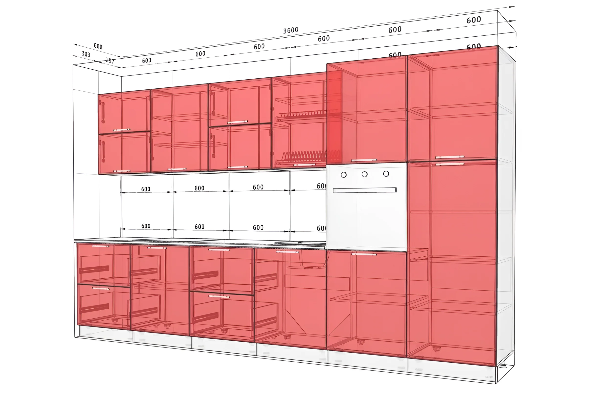 Чертеж кухни в стиле хай-тек длиной 3,6 метра с красными выделенными фасадами, демонстрация размеров модулей.