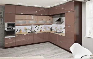 Угловая кухня "Хай-тек с цветной печатью" 2,6х2,1м в медовых тонах с глянцевыми фасадами и цветочным фартуком.